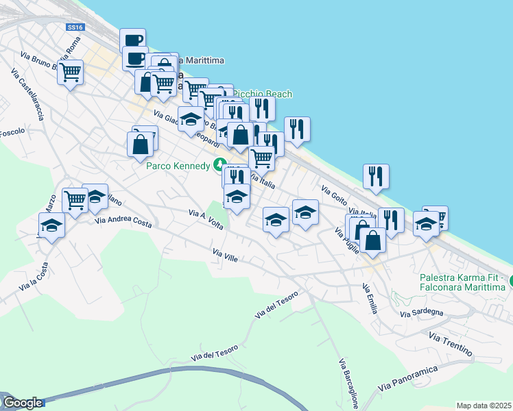 map of restaurants, bars, coffee shops, grocery stores, and more near 16 Via Volturno in Falconara Marittima