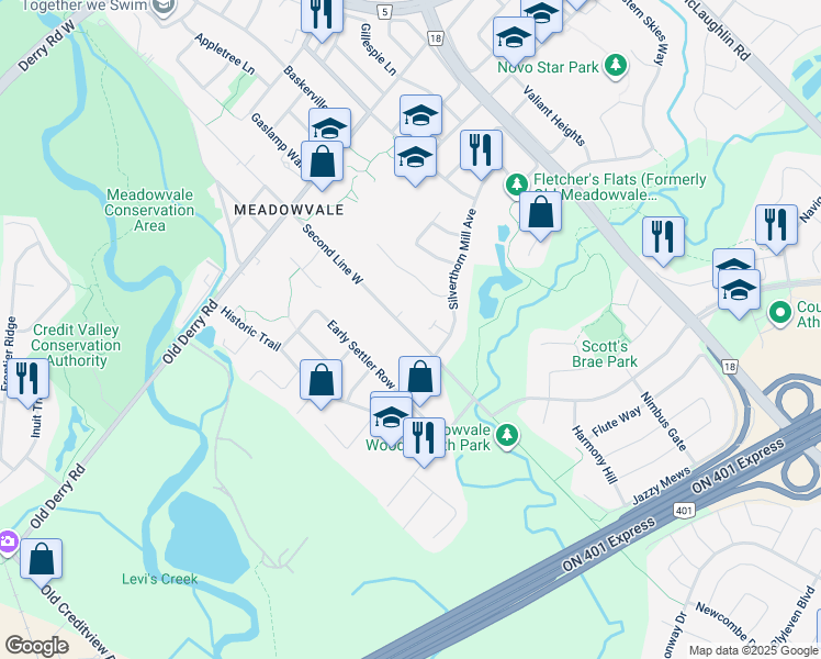map of restaurants, bars, coffee shops, grocery stores, and more near 6839 Second Line West in Mississauga
