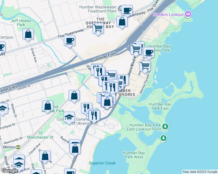 map of restaurants, bars, coffee shops, grocery stores, and more near 8 Park Lawn Road in Toronto