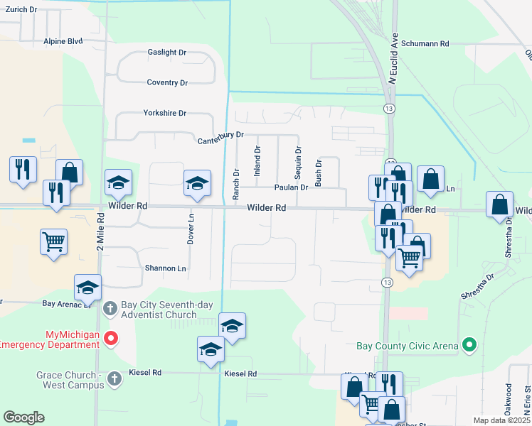 map of restaurants, bars, coffee shops, grocery stores, and more near 3306 Hanover Court in Bay City