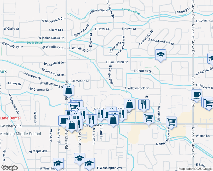 map of restaurants, bars, coffee shops, grocery stores, and more near 2092 North Arrow Wood Avenue in Meridian