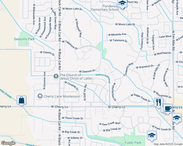 map of restaurants, bars, coffee shops, grocery stores, and more near 1967 North Peartree Avenue in Meridian