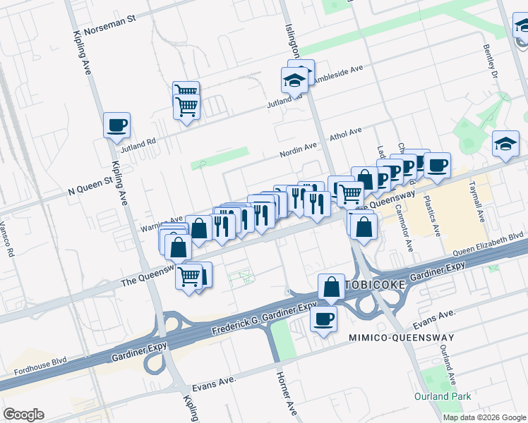 map of restaurants, bars, coffee shops, grocery stores, and more near in Toronto