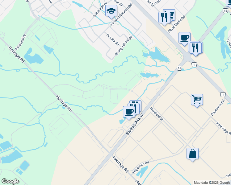 map of restaurants, bars, coffee shops, grocery stores, and more near 3 Prairie Creek Crescent in Brampton