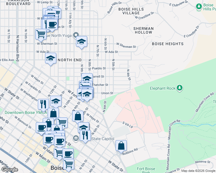 map of restaurants, bars, coffee shops, grocery stores, and more near 1111 North 5th Street in Boise