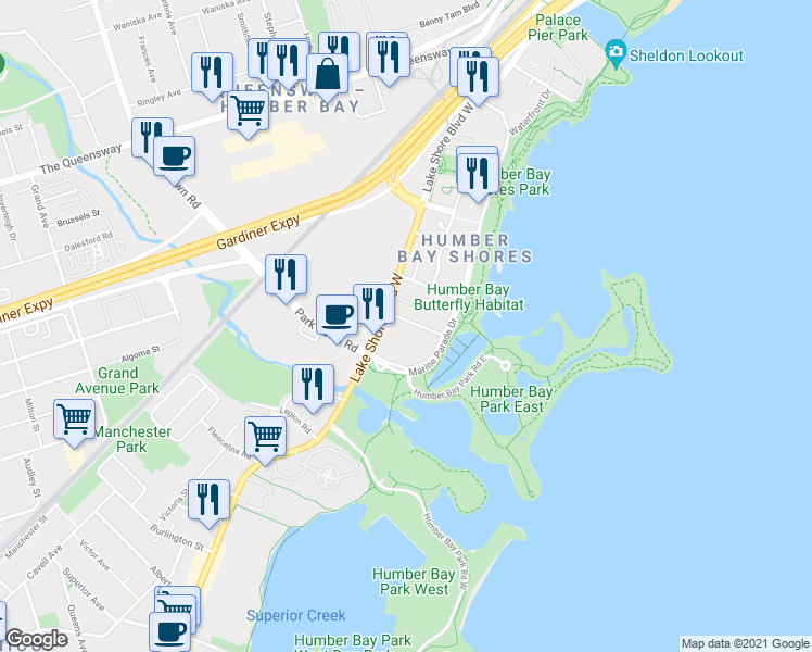 map of restaurants, bars, coffee shops, grocery stores, and more near 30 Shore Breeze Drive in Toronto