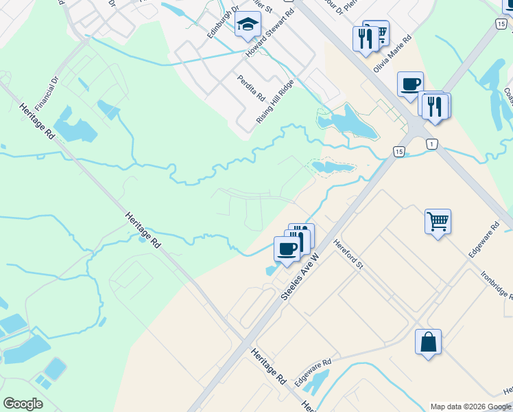 map of restaurants, bars, coffee shops, grocery stores, and more near 25 Oliana Way in Brampton