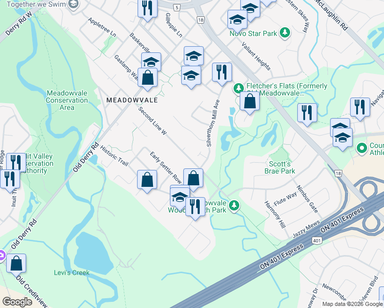 map of restaurants, bars, coffee shops, grocery stores, and more near 6833 Second Line West in Mississauga