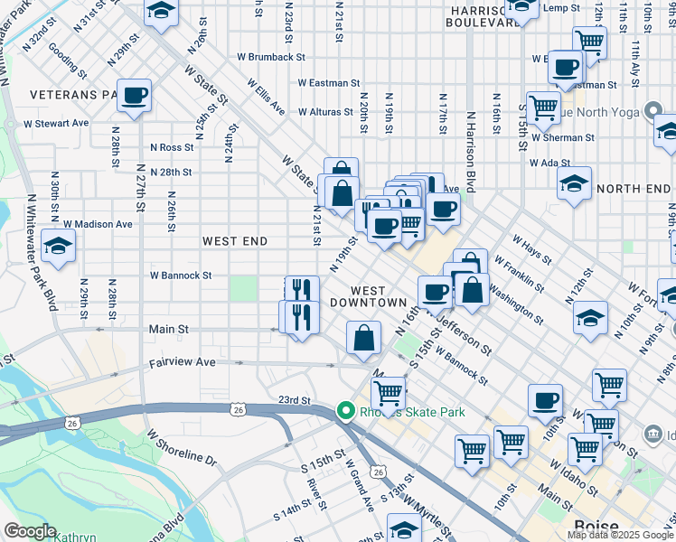 map of restaurants, bars, coffee shops, grocery stores, and more near 1820 West Jefferson Street in Boise