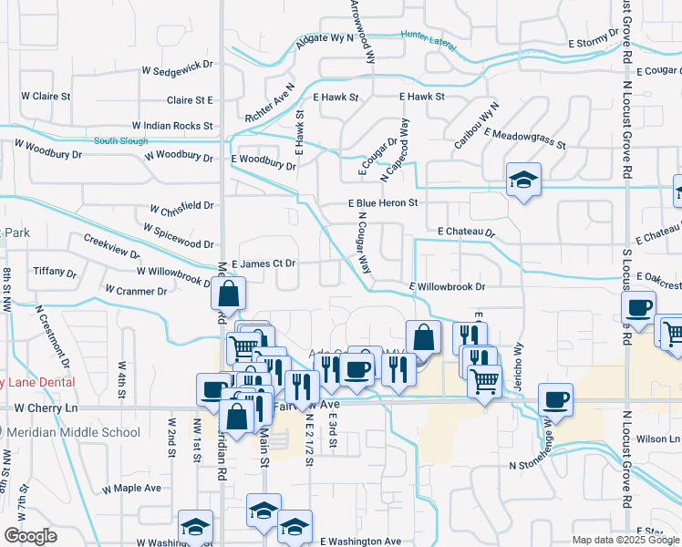 map of restaurants, bars, coffee shops, grocery stores, and more near 2189 North Arrow Wood Avenue in Meridian