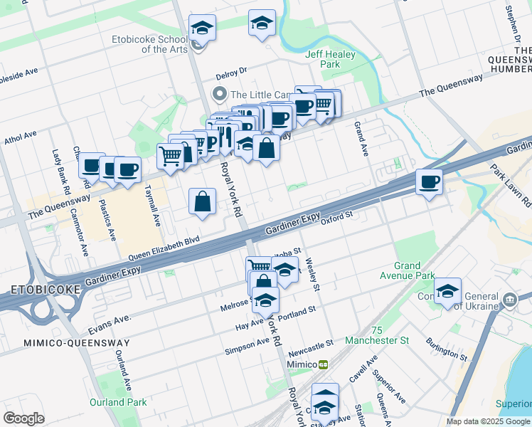 map of restaurants, bars, coffee shops, grocery stores, and more near in Toronto