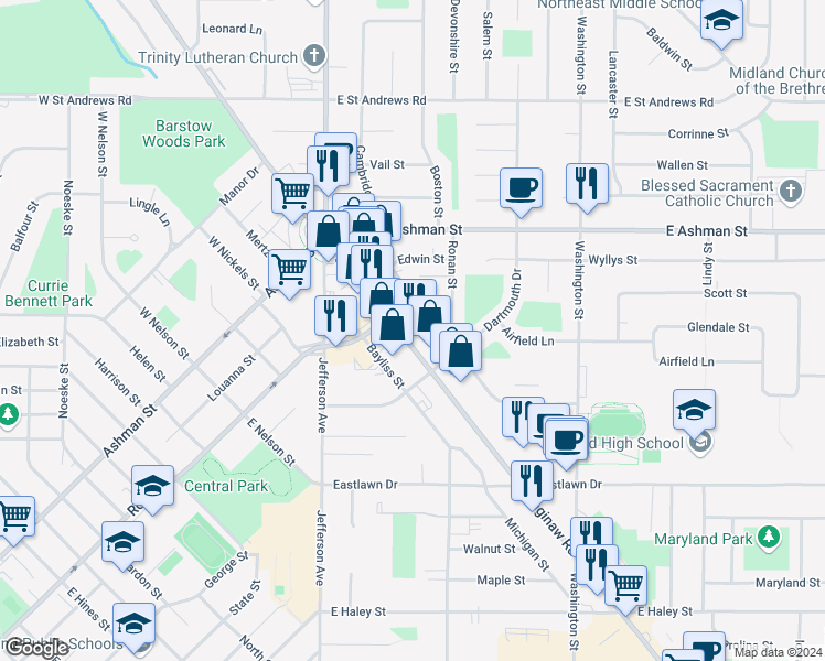 map of restaurants, bars, coffee shops, grocery stores, and more near 2803 Cambridge Street in Midland
