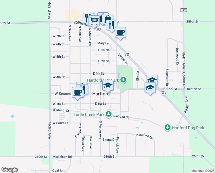 map of restaurants, bars, coffee shops, grocery stores, and more near 300-398 E 3rd St in Hartford
