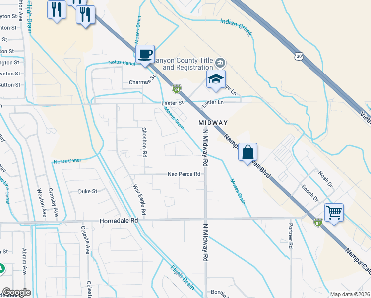 map of restaurants, bars, coffee shops, grocery stores, and more near 5018 Midway Road in Caldwell