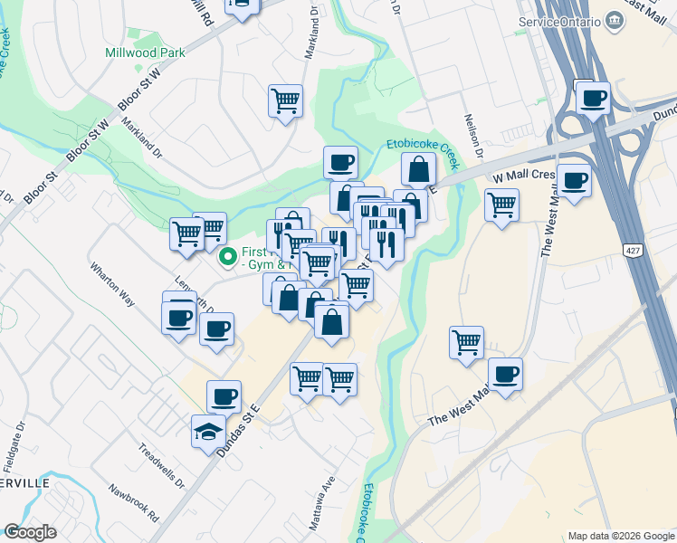 map of restaurants, bars, coffee shops, grocery stores, and more near 2055 Dundas Street East in Mississauga