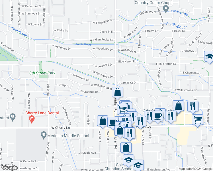map of restaurants, bars, coffee shops, grocery stores, and more near 98 West Willowbrook Drive in Meridian