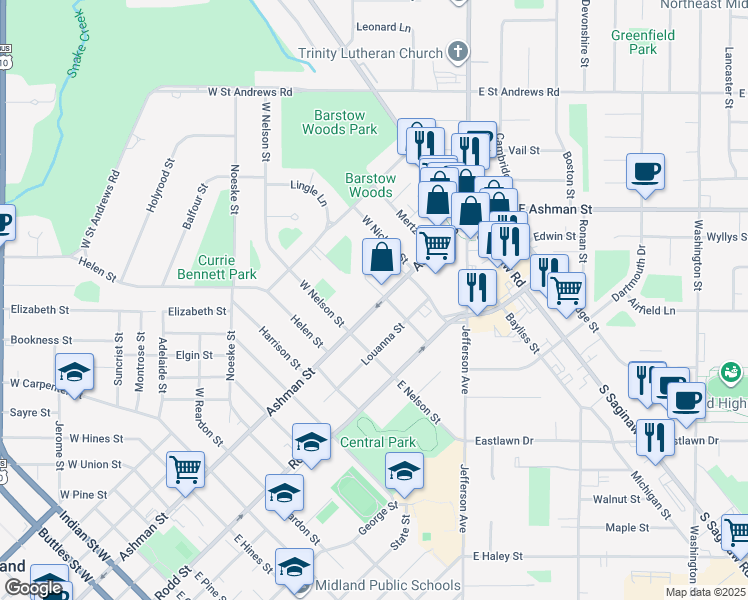 map of restaurants, bars, coffee shops, grocery stores, and more near 2611 Ashman Street in Midland