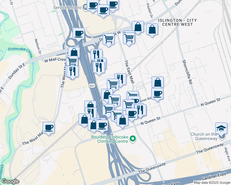 map of restaurants, bars, coffee shops, grocery stores, and more near 123 Eastside Drive in Toronto