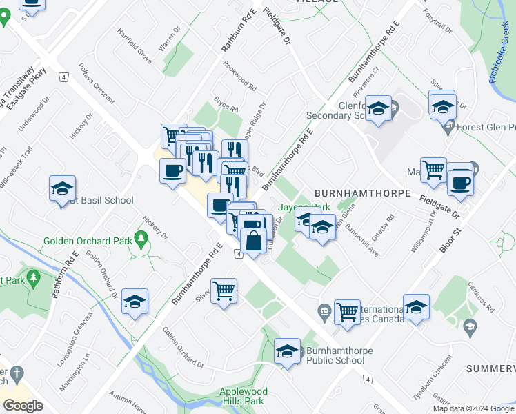 map of restaurants, bars, coffee shops, grocery stores, and more near 1464 Burnhamthorpe Road East in Mississauga
