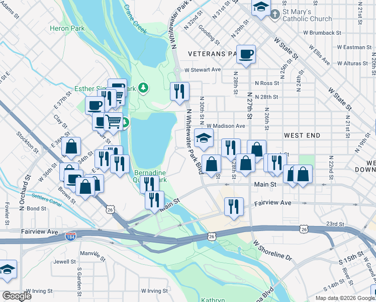 map of restaurants, bars, coffee shops, grocery stores, and more near 3042 West Jefferson Street in Boise