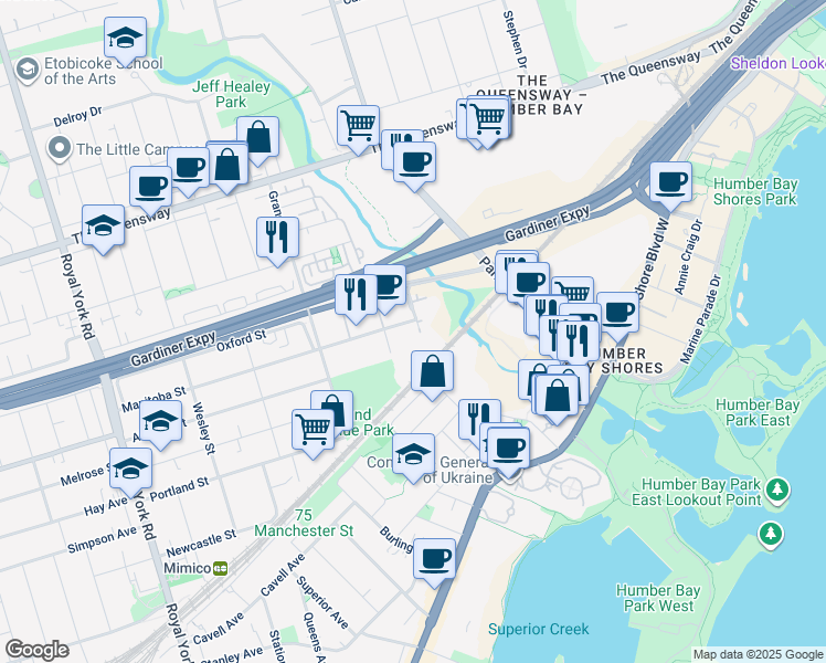 map of restaurants, bars, coffee shops, grocery stores, and more near 251 Manitoba Street in Toronto