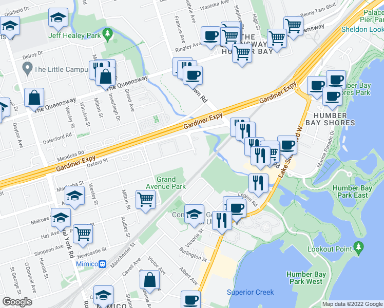 map of restaurants, bars, coffee shops, grocery stores, and more near 300 Manitoba Street in Toronto