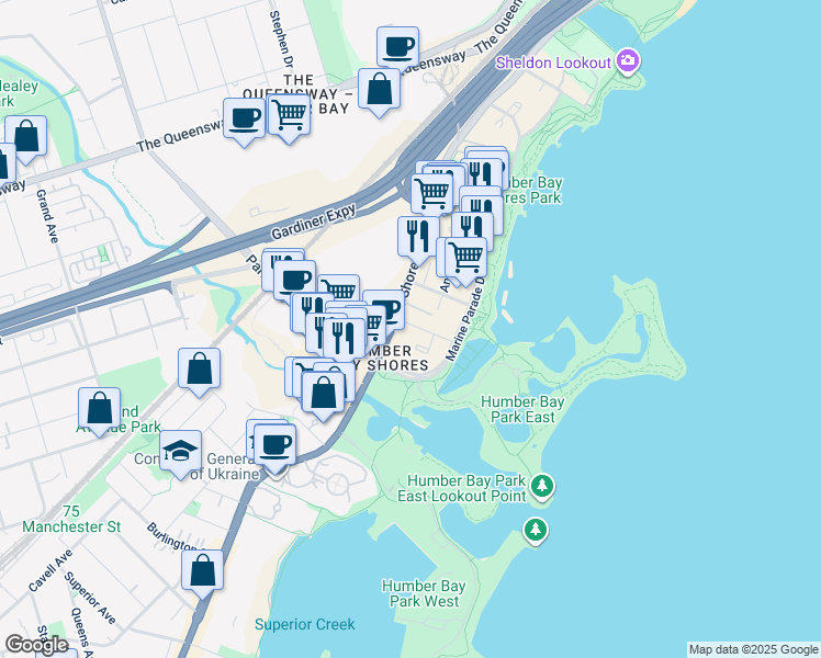 map of restaurants, bars, coffee shops, grocery stores, and more near 30 Shore Breeze Drive in Toronto