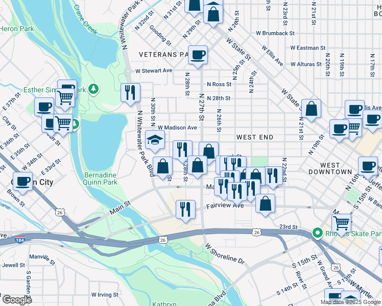 map of restaurants, bars, coffee shops, grocery stores, and more near 2722 West Bannock Street in Boise