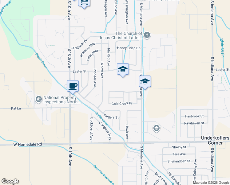 map of restaurants, bars, coffee shops, grocery stores, and more near 1005 Flint Drive in Caldwell
