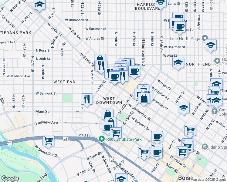 map of restaurants, bars, coffee shops, grocery stores, and more near in Boise