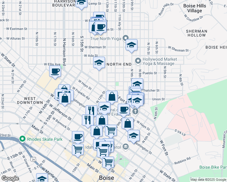 map of restaurants, bars, coffee shops, grocery stores, and more near 914 North 12th Street in Boise