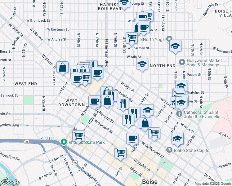 map of restaurants, bars, coffee shops, grocery stores, and more near 1453 West Hays Street in Boise