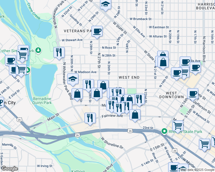map of restaurants, bars, coffee shops, grocery stores, and more near 2603 West Jefferson Street in Boise