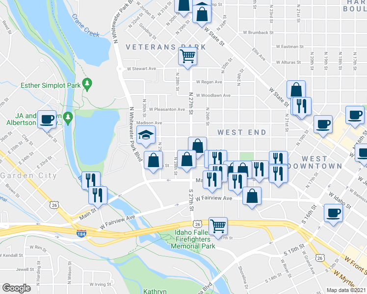 map of restaurants, bars, coffee shops, grocery stores, and more near 2705 West Jefferson Street in Boise