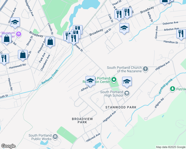 map of restaurants, bars, coffee shops, grocery stores, and more near 35 Jennie's Court in South Portland