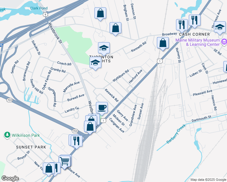 map of restaurants, bars, coffee shops, grocery stores, and more near 58 Froswick Avenue in South Portland
