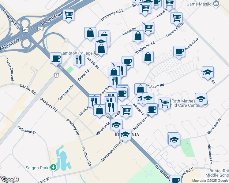 map of restaurants, bars, coffee shops, grocery stores, and more near 100 Traders Boulevard East in Mississauga