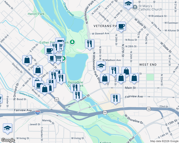 map of restaurants, bars, coffee shops, grocery stores, and more near 365 North Whitewater Park Boulevard in Boise