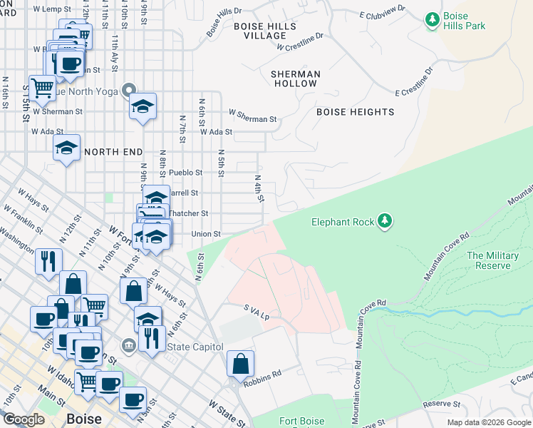 map of restaurants, bars, coffee shops, grocery stores, and more near 307 Thatcher Street in Boise