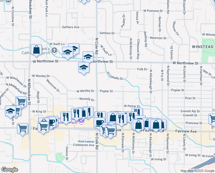 map of restaurants, bars, coffee shops, grocery stores, and more near 7250 West Poplar Street in Boise