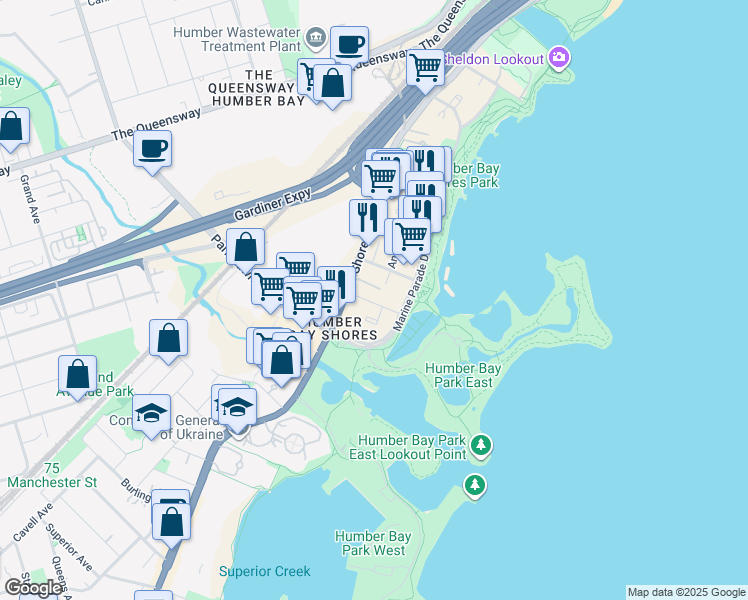 map of restaurants, bars, coffee shops, grocery stores, and more near 2189 Lake Shore Boulevard West in Toronto