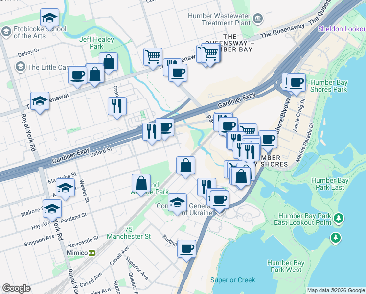 map of restaurants, bars, coffee shops, grocery stores, and more near 185 Legion Road North in Toronto
