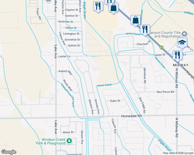 map of restaurants, bars, coffee shops, grocery stores, and more near 4114 Laster Street in Caldwell