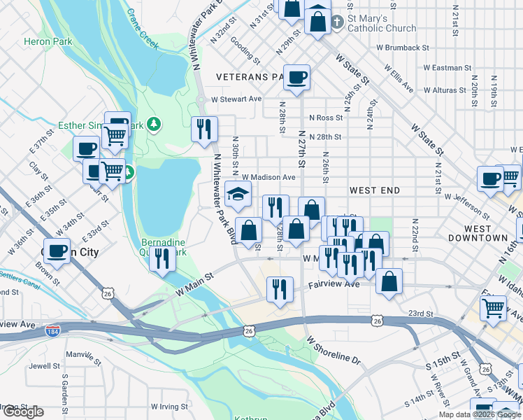 map of restaurants, bars, coffee shops, grocery stores, and more near 2815 West Jefferson Street in Boise