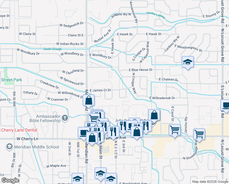 map of restaurants, bars, coffee shops, grocery stores, and more near 2173 North Eureka Place in Meridian