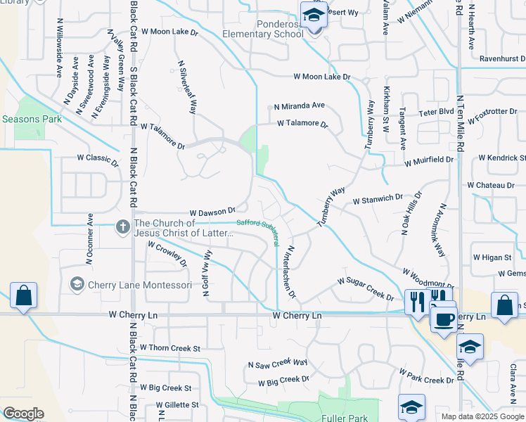 map of restaurants, bars, coffee shops, grocery stores, and more near 4170 West Brenda Lane in Meridian