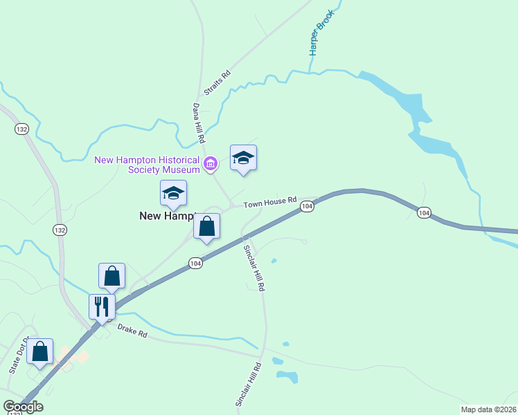 map of restaurants, bars, coffee shops, grocery stores, and more near 112 Town House Road in New Hampton