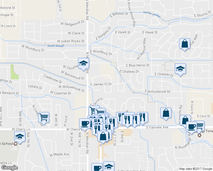 map of restaurants, bars, coffee shops, grocery stores, and more near 2070 North Woodford Avenue in Meridian