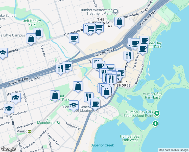 map of restaurants, bars, coffee shops, grocery stores, and more near 90 Park Lawn Road in Toronto