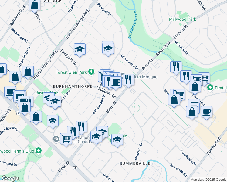 map of restaurants, bars, coffee shops, grocery stores, and more near 3403 Fieldgate Drive in Mississauga